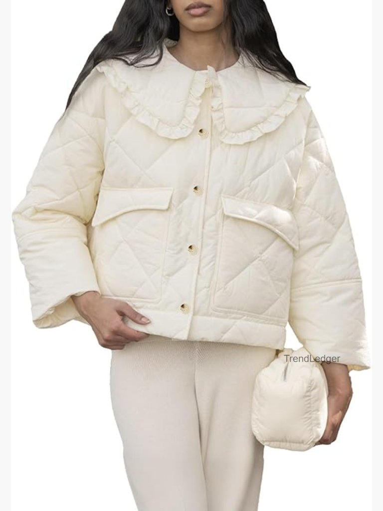 Crop Quilted Puffer Jacket With Peter Pan Collar Button Down Lightweight